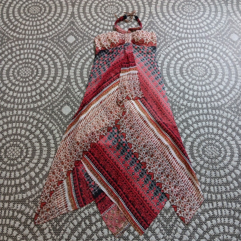 BCBG Maxi Dress Halter Women 6 Boho 100% Silk Red Handkerchief Hem Fairy Beachy - Picture 7 of 14